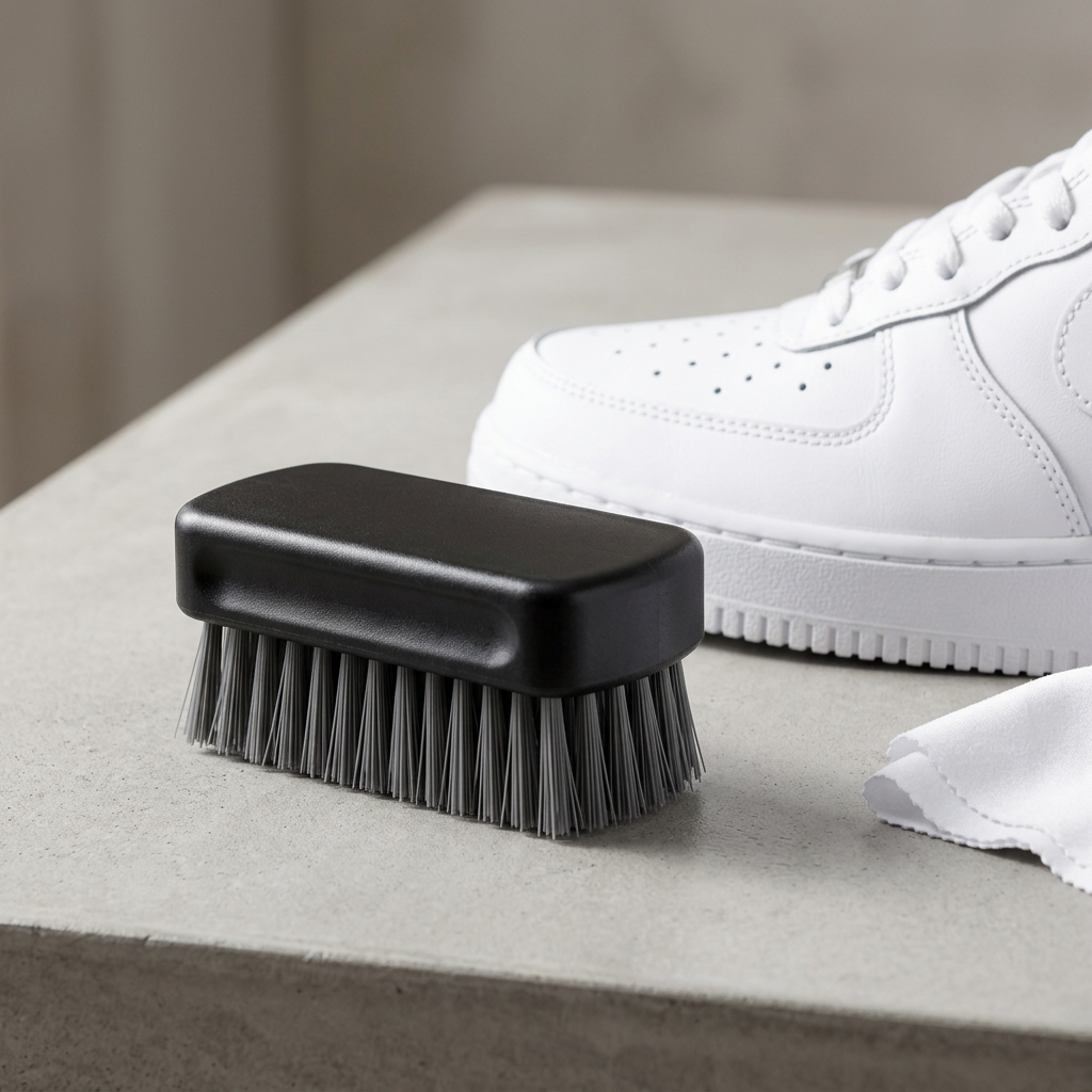 Compact palm shoe brush lifestyle view, AI illustration