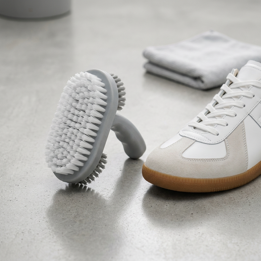 Dual-sided shoe brush lifestyle view, AI illustration